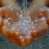 石鹸で洗った手を水で洗い流しているところ