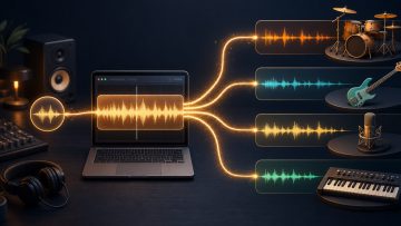 Illustration of a song separated into drum, bass, vocal, and other instrument stems