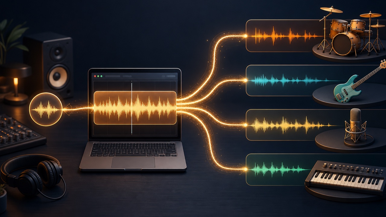 Illustration of a song separated into drum, bass, vocal, and other instrument stems