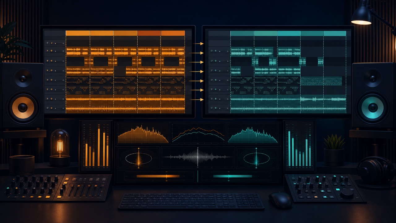DAW comparison of a reference track and an original song by structure, loudness, frequency balance, and stereo image