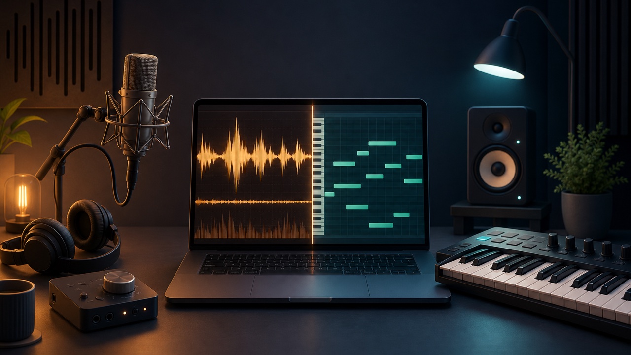 A music production screen comparing an audio waveform with a MIDI piano roll