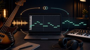 ベース音源を聴きながらMIDIピアノロールで音程とリズムを並行して確認する制作環境
