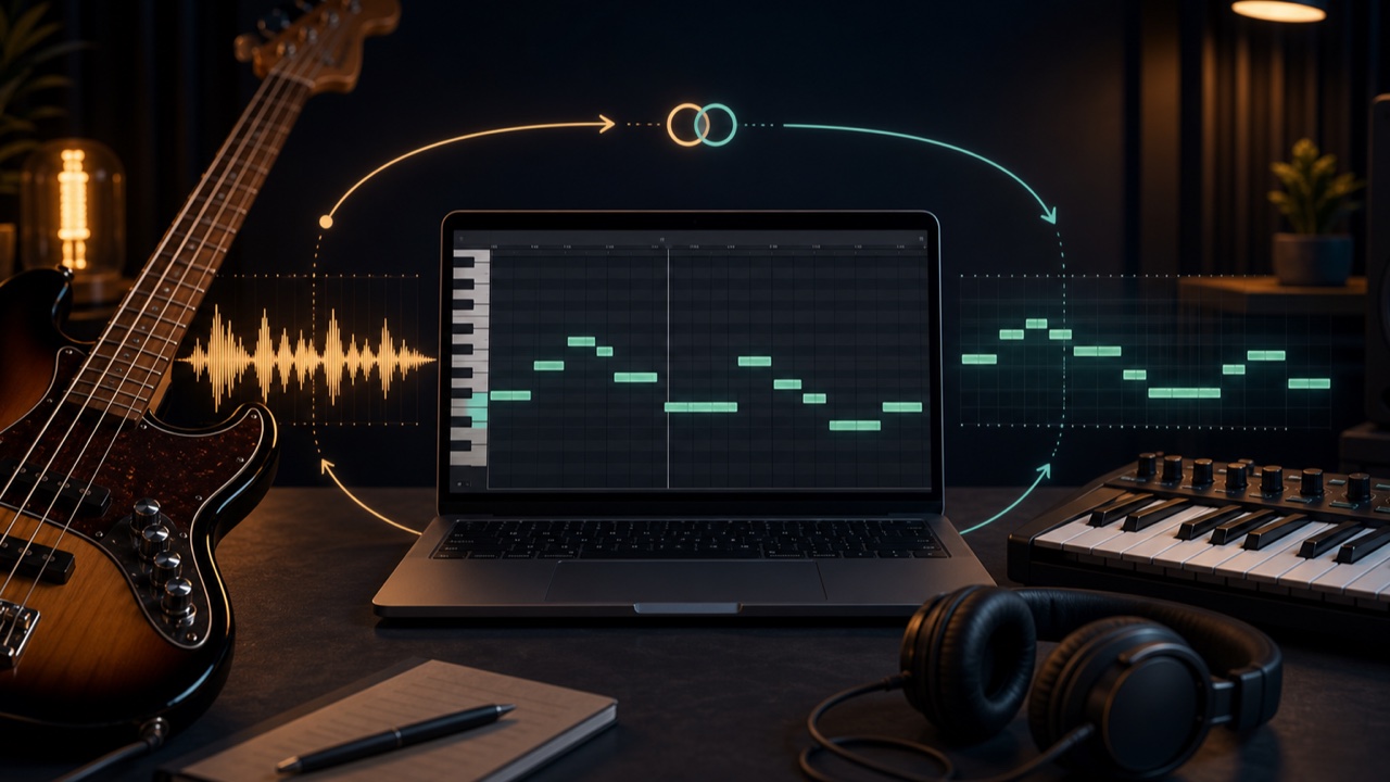 Music production workspace for checking bass pitch and rhythm in a MIDI piano roll while listening to the recording