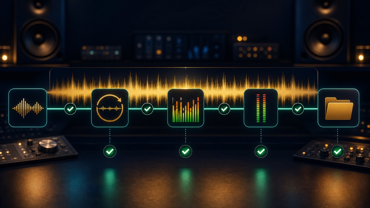 A screen checking a background music waveform, loop, loudness, peaks, and delivery folder in sequence