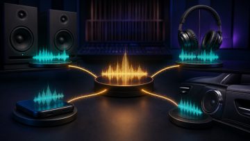 The same mix routed to studio monitors, headphones, a smartphone, and car speakers