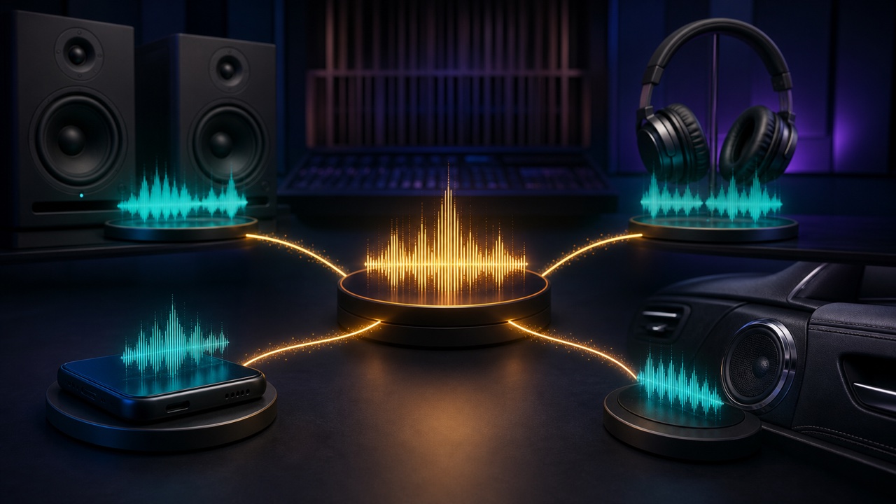 The same mix routed to studio monitors, headphones, a smartphone, and car speakers
