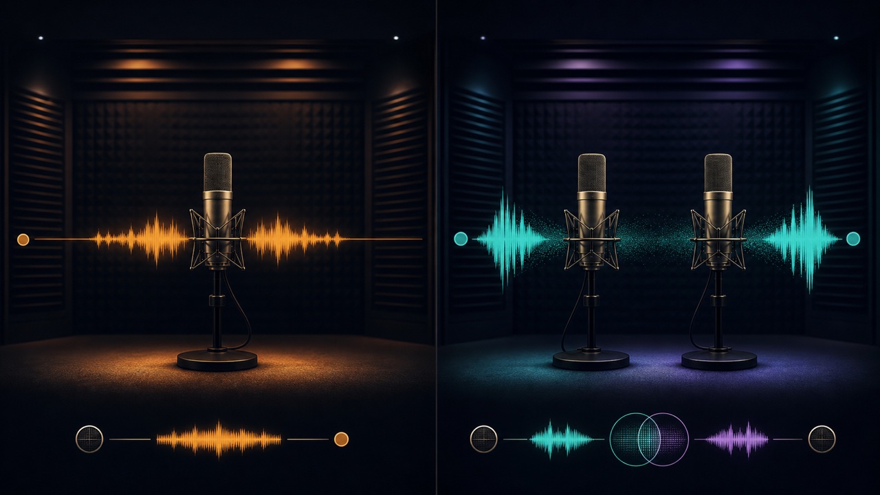 Comparison of mono recording with one microphone and stereo recording with two microphones