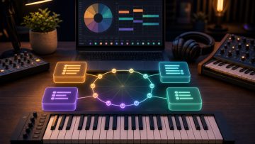 A chord progression being assembled with a keyboard and four chord blocks