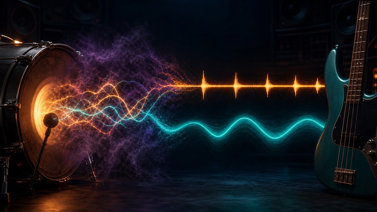 A display showing the overlapping muddy low frequencies of a kick and bass separated by time and frequency for greater clarity