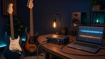 Home recording setup with guitar and bass connected to a computer through an audio interface