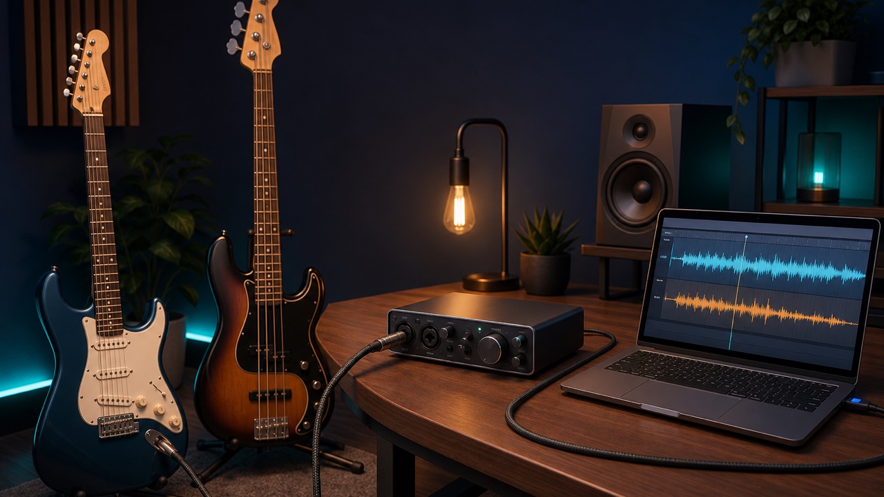 Home recording setup with guitar and bass connected to a computer through an audio interface