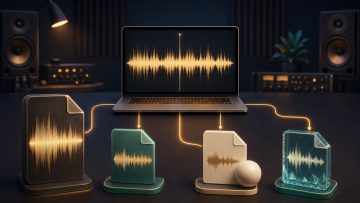 A finished track from a DAW being converted into several audio file formats for different uses