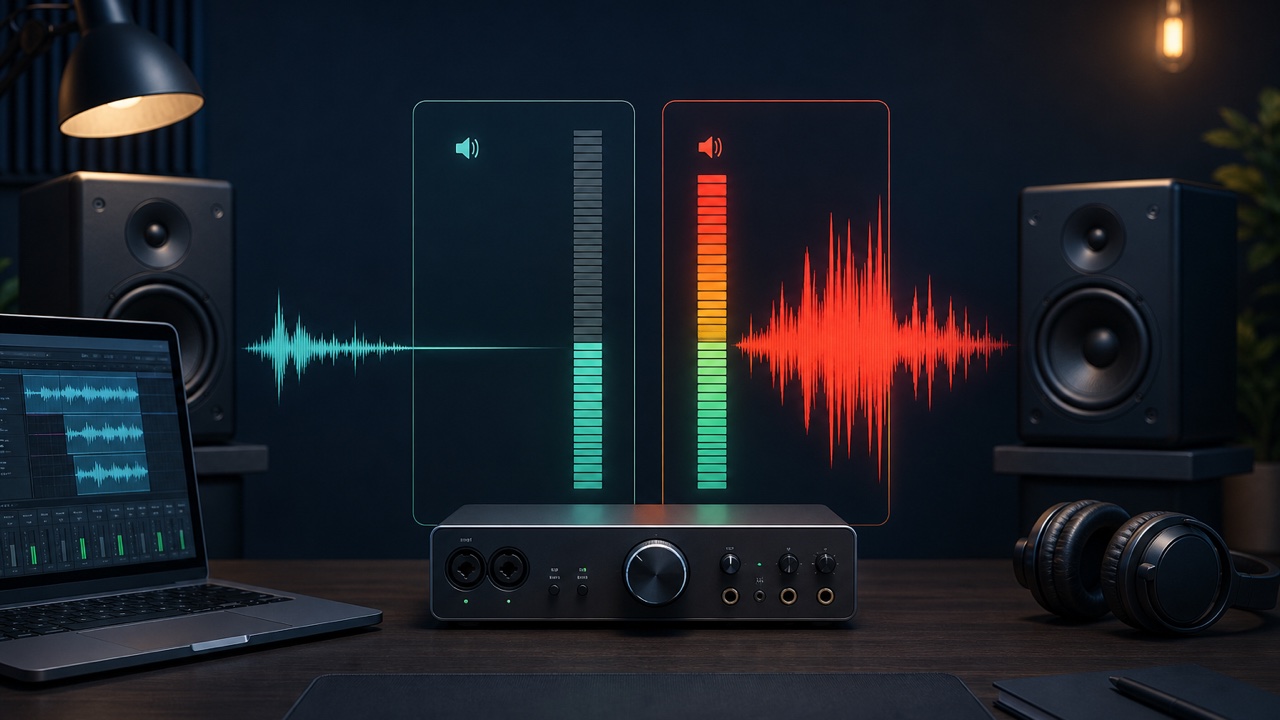 Level meters comparing a quiet audio signal with red clipping peaks