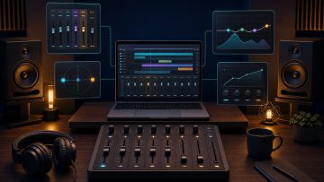 Music production mixing setup with faders, panning, EQ, and compression