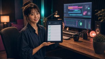 Young female composer smiling while holding up a music production checklist on a tablet for the viewer to review