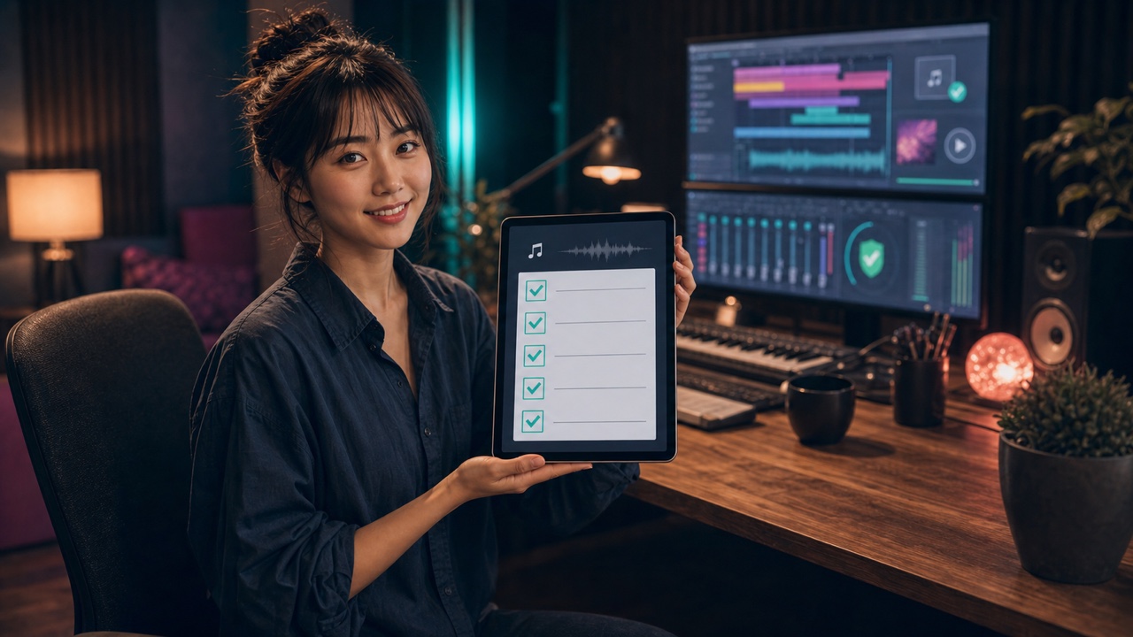 Young female composer smiling while holding up a music production checklist on a tablet for the viewer to review