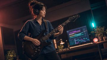 Young female composer wearing headphones and playing guitar while checking her transcription on a computer behind her