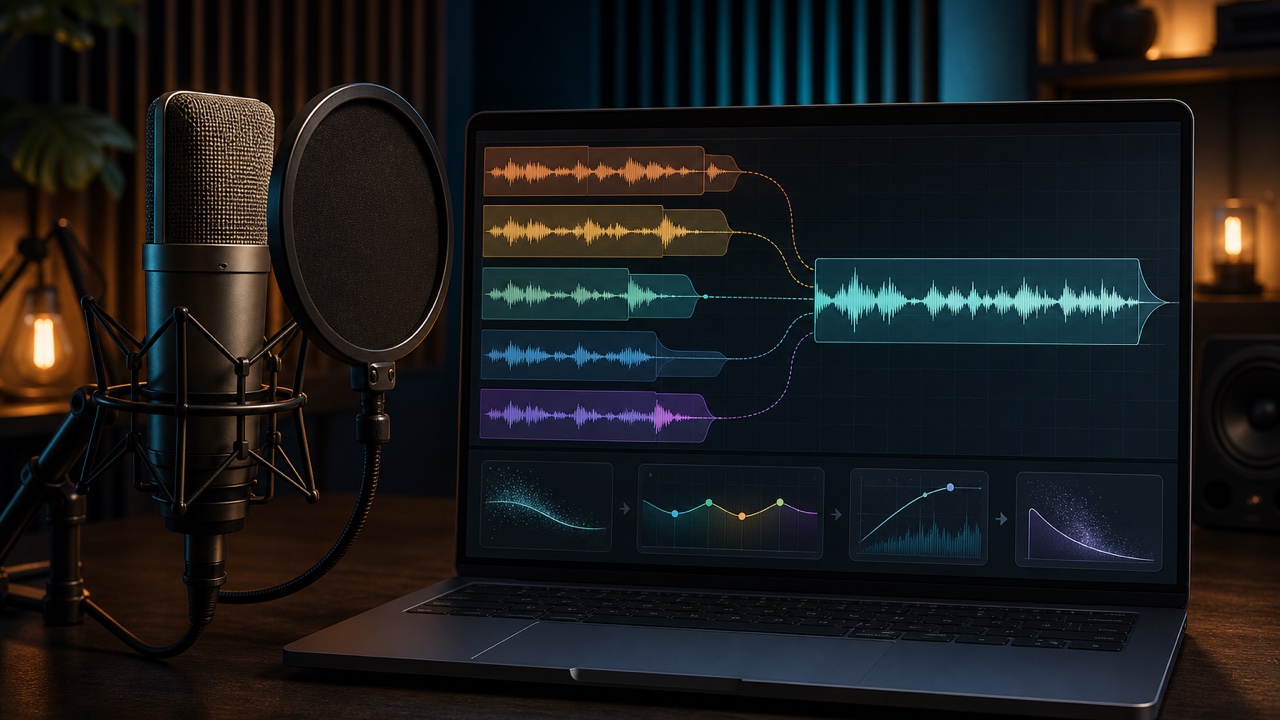 A DAW session comping multiple vocal takes and applying noise reduction, EQ, and compression