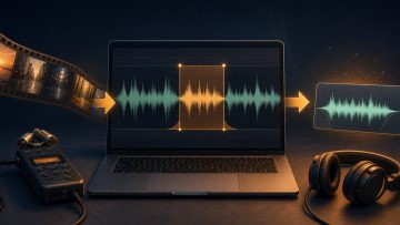 A waveform section selected from a video or long recording and trimmed into a production sample with short fades