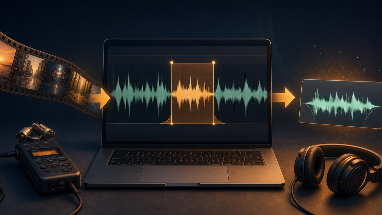 A waveform section selected from a video or long recording and trimmed into a production sample with short fades