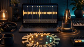 Illustration of finding a song's BPM and key from an audio waveform, metronome, and keyboard scale