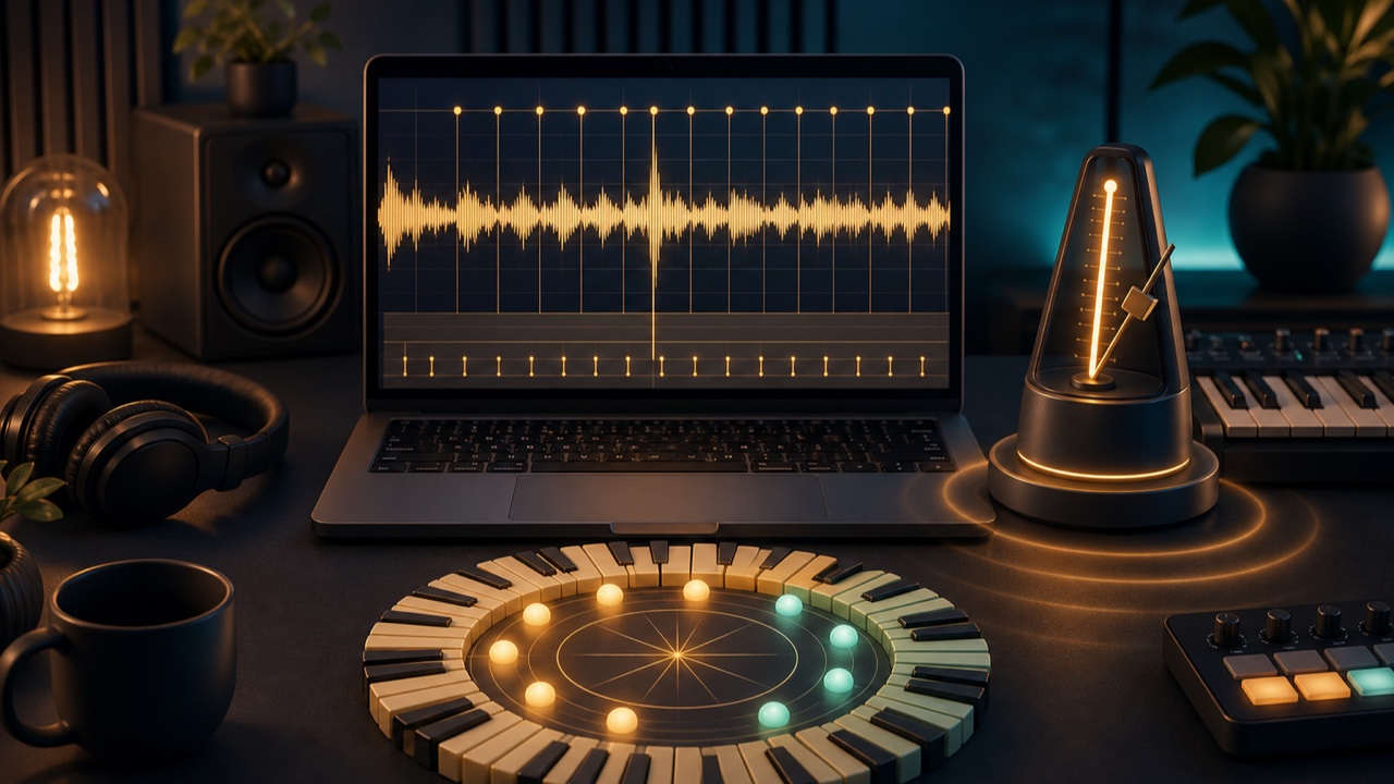 Illustration of finding a song's BPM and key from an audio waveform, metronome, and keyboard scale