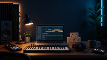 Music production setup with a laptop and MIDI keyboard for creating an eight-bar track