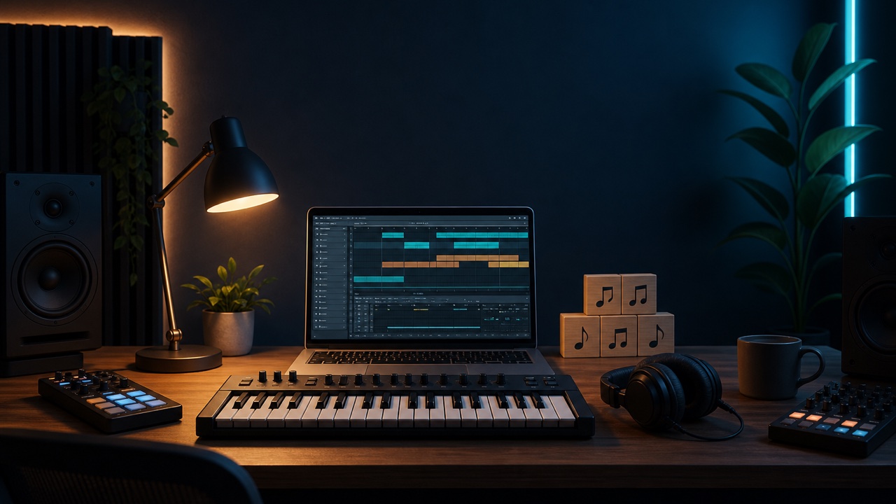Music production setup with a laptop and MIDI keyboard for creating an eight-bar track