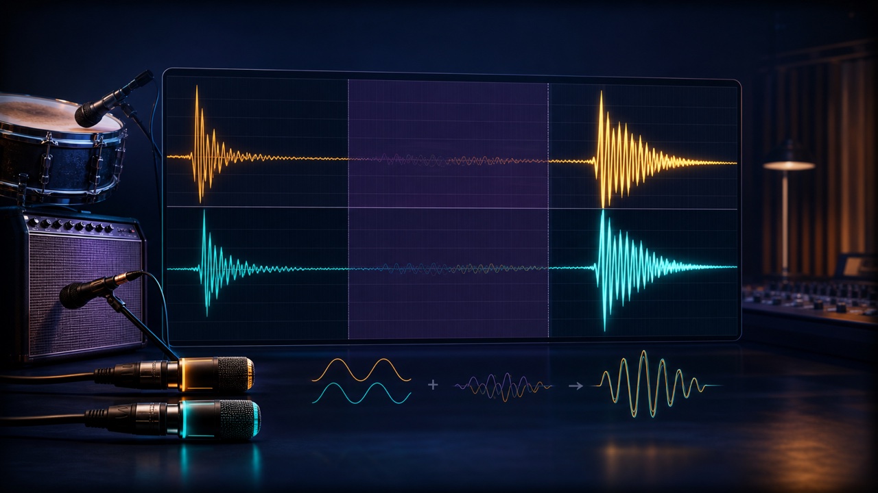 A comparison of timing differences and cancellation between two microphone waveforms and the same waveforms after alignment