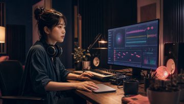Young female composer trying browser-based music production tools for BPM analysis, stem separation, MIDI conversion, and other tasks at her desk