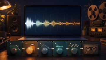 Audio processed for a lo-fi sound with low-pass filtering, saturation, bit crushing, pitch movement, and tape texture