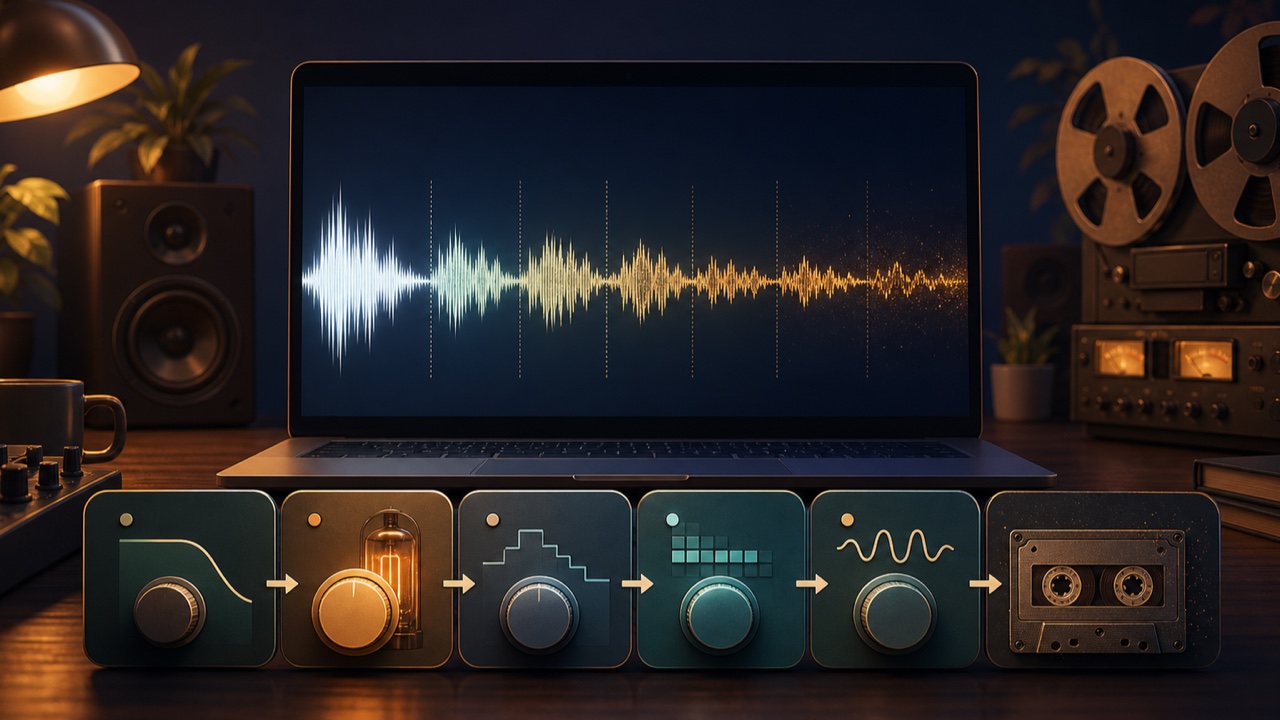 Audio processed for a lo-fi sound with low-pass filtering, saturation, bit crushing, pitch movement, and tape texture