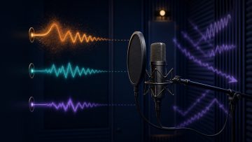 Comparison of vocal waveforms and room reflections at close, medium, and far distances from a microphone and pop filter