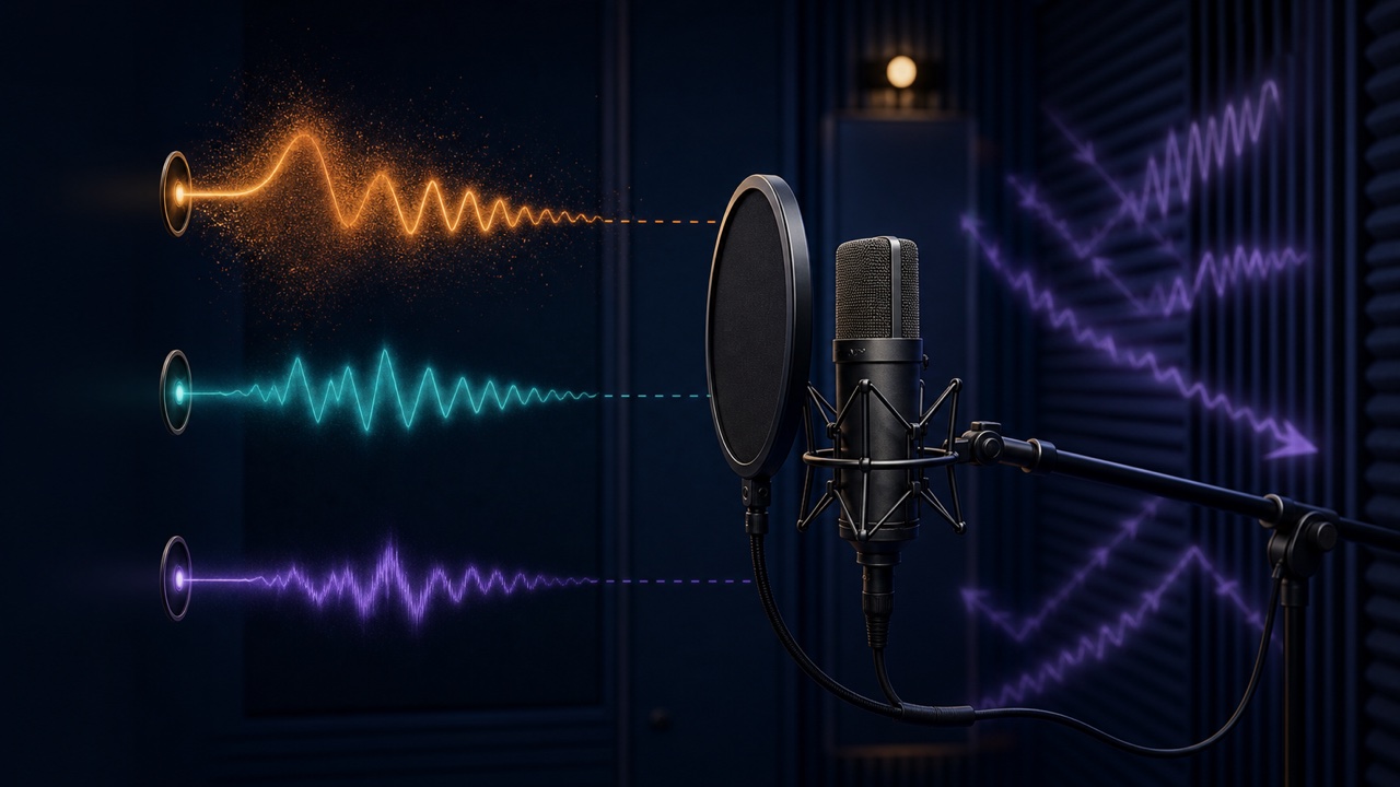 Comparison of vocal waveforms and room reflections at close, medium, and far distances from a microphone and pop filter