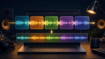 Screen combining multiple color-coded songs into one long audio file with overlapping crossfades