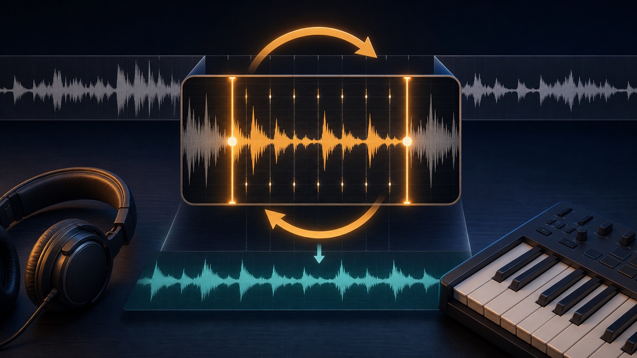 Selecting a short, difficult phrase from a long song and checking it with looped and slower playback
