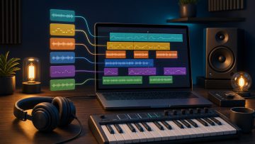 Music production timeline with multiple loop regions arranged into a track
