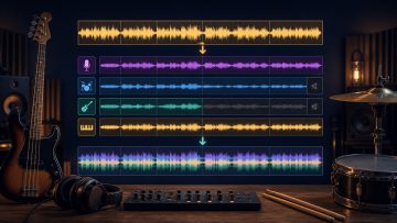 Separating a song into vocal, drum, bass, and other stems, then layering them with the practice part muted