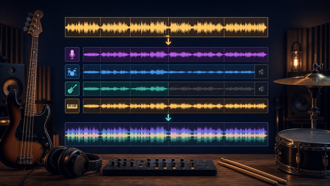 Separating a song into vocal, drum, bass, and other stems, then layering them with the practice part muted