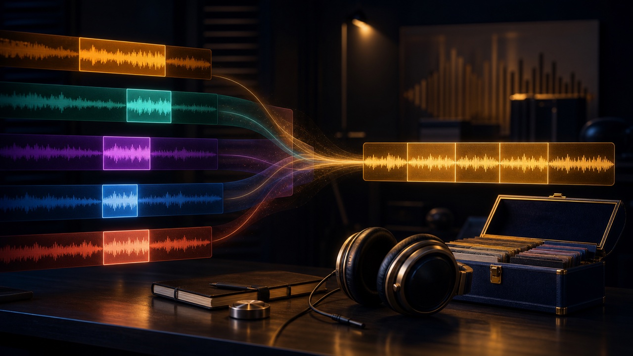複数のデモ曲から見せ場を選び1本の音楽ポートフォリオへまとめる画面