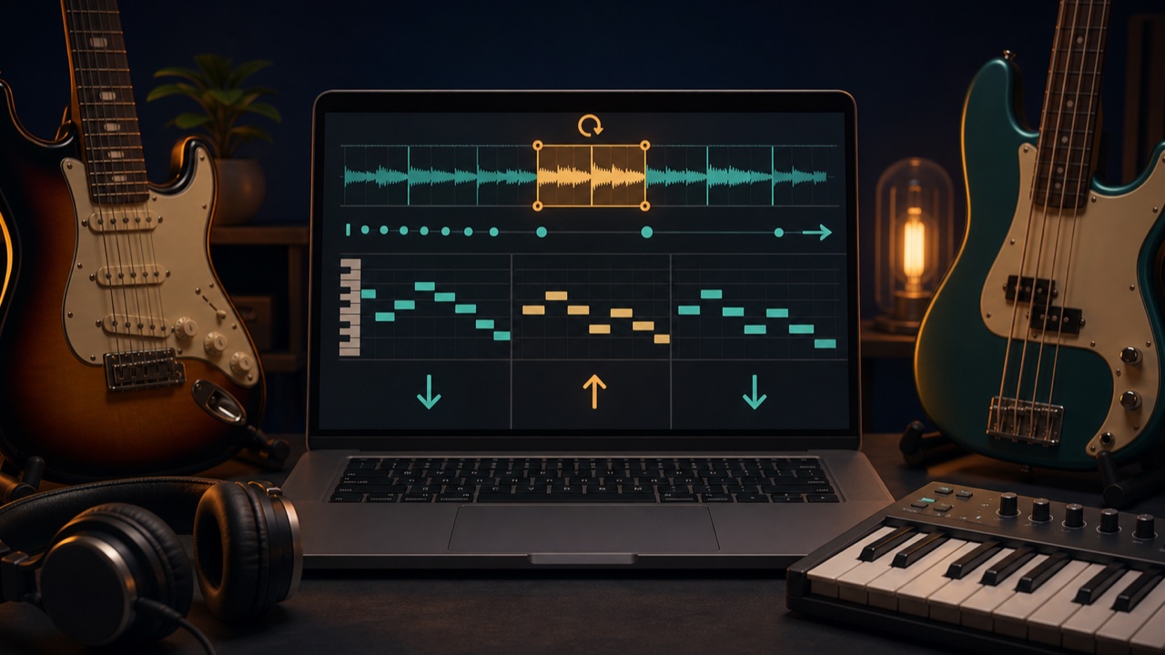 DAW screen looping a difficult section and adjusting tempo and pitch for guitar and bass practice