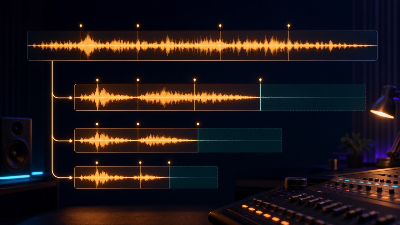 A screen editing one long background music waveform into three progressively shorter versions
