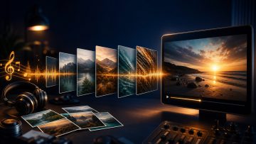 Interface arranging multiple landscape photos along the waveform of an original song to create a slideshow video