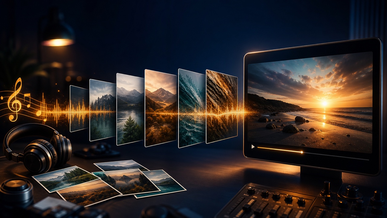 Interface arranging multiple landscape photos along the waveform of an original song to create a slideshow video