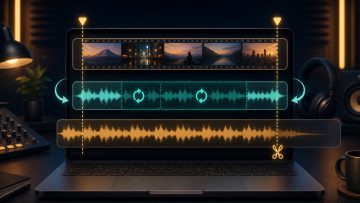 A video timeline showing a looped middle section of background music and a fade-out at the end