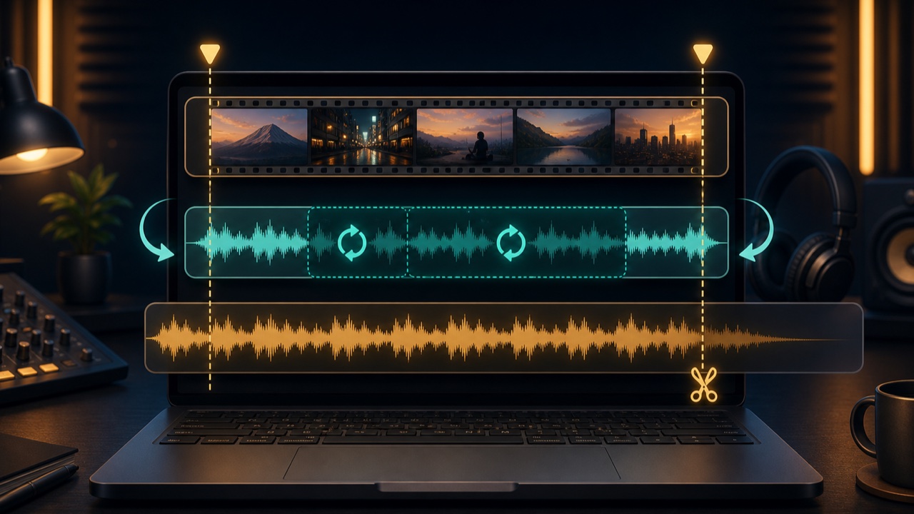 A video timeline showing a looped middle section of background music and a fade-out at the end