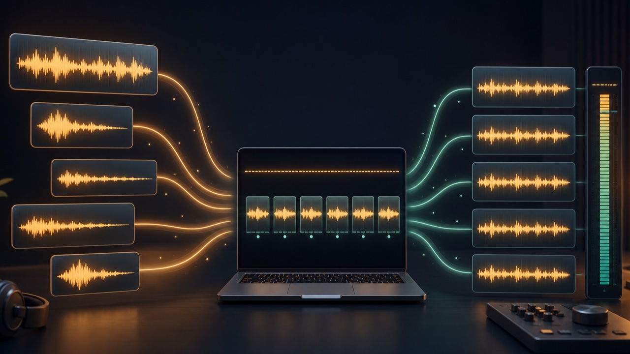 Several audio waveforms with different levels being adjusted to the same perceived loudness