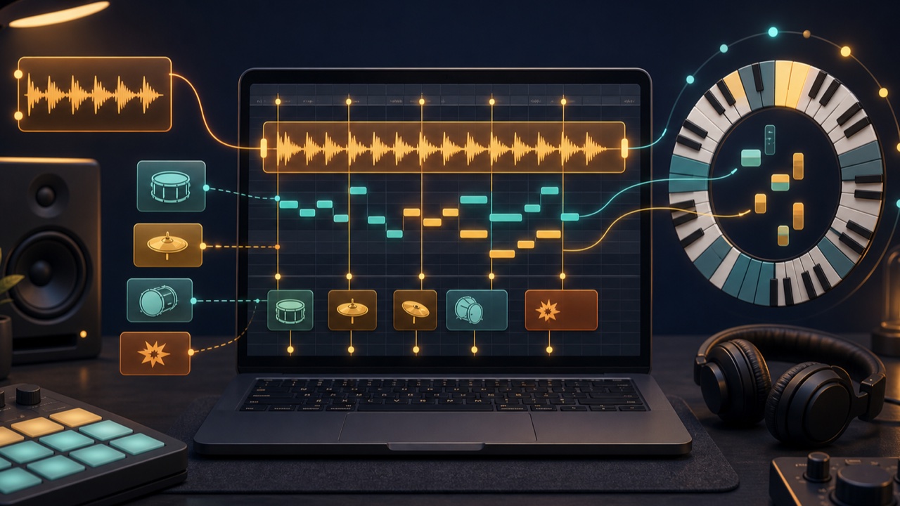 DAW screen aligning a loop's length and a one-shot's pitch with the song's BPM and key