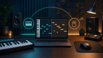 Music production setup for entering notes in a piano roll with a MIDI keyboard and mouse