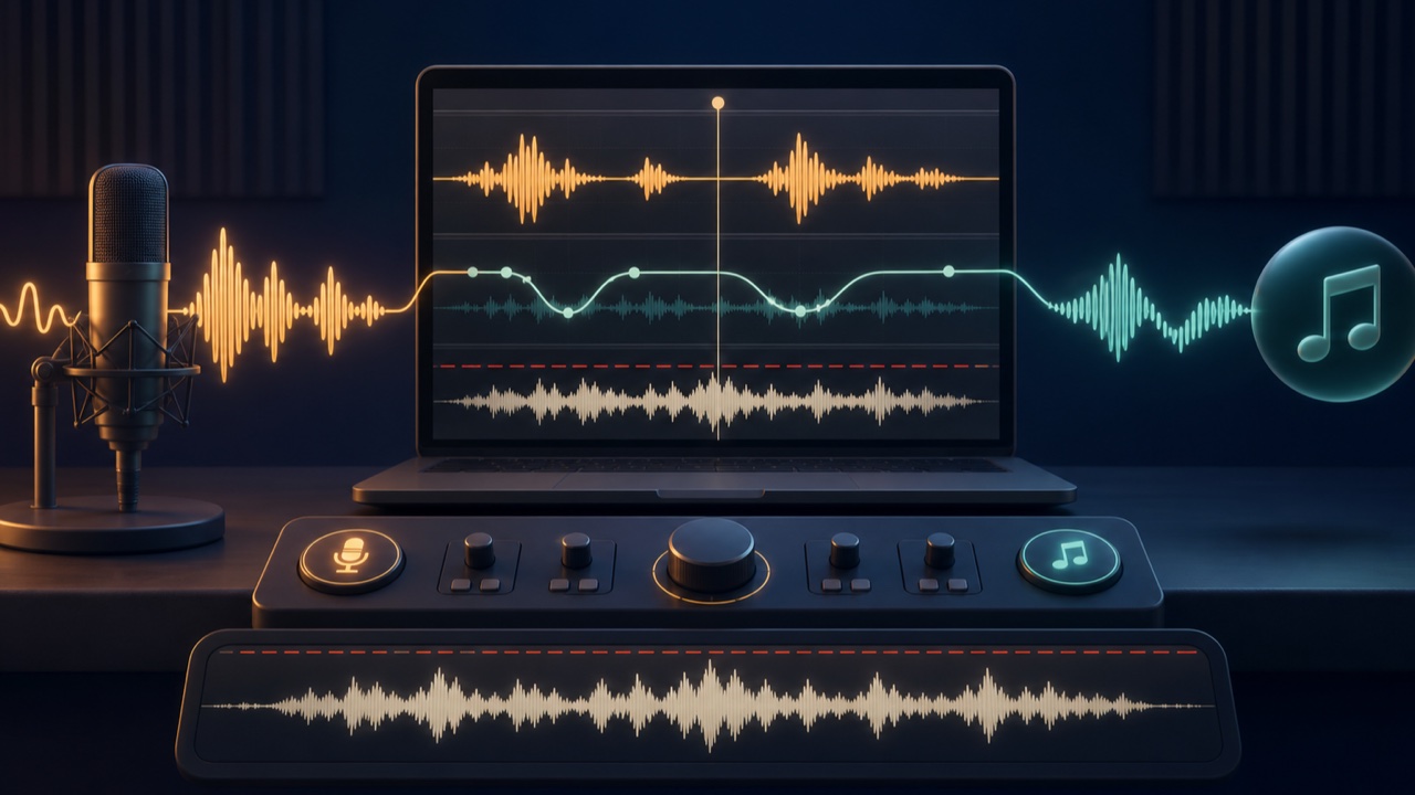 A mix in which the background music level is lowered smoothly only while narration is playing